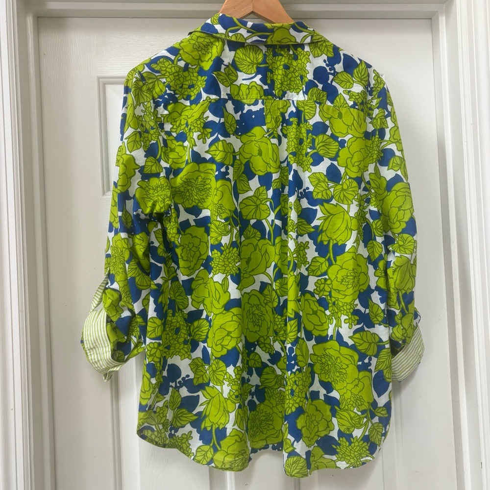 Talbots Green Blue Floral Cotton Tunic Blouse | Women’s XL Preppy Coastal Top - Picture 5 of 13